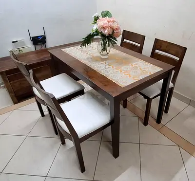 Wooden 4-Seater Dining Table with Cushioned Chairs - For Urgent Sale Leaving country