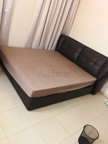 Brown leather double bed frame with padded headboard (used) free home delivery installation