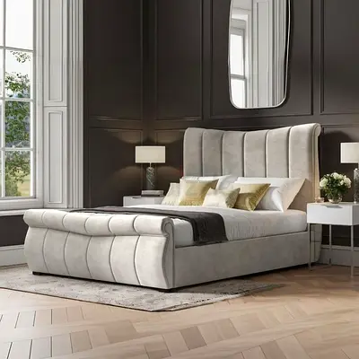 Upholstered Free Size Sleigh Bed with Padded Headboard