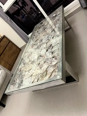 Glass-top Console Table with Shell Mosaic Inlay - Silver Frame