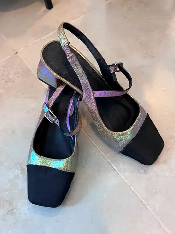 ASOS Womens Square-Toe Ankle-Strap Heels — Iridescent Finish, Size UK 2 / EU 35