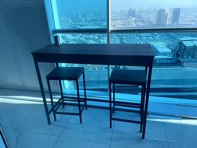 Wooden bar table with two matching stools - compact high dining set (3 sets)
