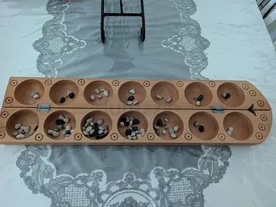 Wooden Mancala Board Game with Stones - Classic Two-Player Set