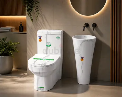 White Marble Effect Toilet with Matching Pedestal Basin - NEW