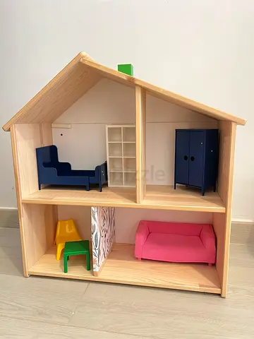 Wooden Dollhouse with Furniture (Sofa, Bed, Wardrobe, Chairs)