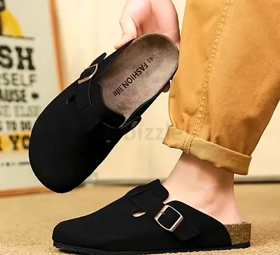 Comfort Cork Footbed Black Slip-on Sandals with Buckle - Unisex