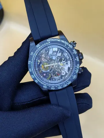 Rolex Skeleton-style chronograph mens Master copy watch with black rubber strap
