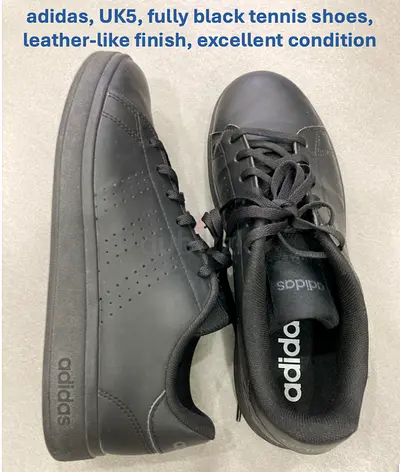 adidas fully black tennis shoes, leather-like finish, excellent condition UK5