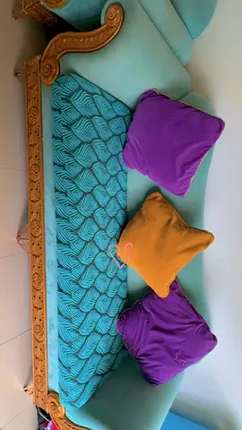 Vintage-style carved wooden frame sofa with teal upholstery (3-seater)