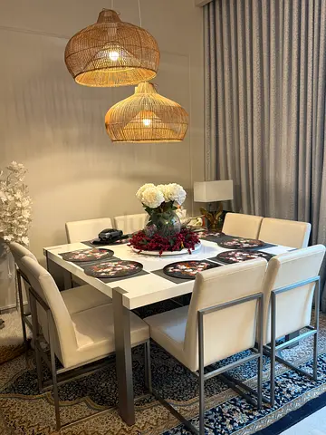 White Modern Home Center Square Shaped Dining Table with 8 Cream leather Chairs — Good Condition
