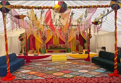 Luxury Mehndi Stage  Full Decoration Setup for Rent — Colorful Kite Theme