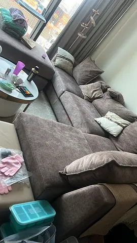 Large L-shaped Grey Fabric Sofa with Chaise – Good Condition