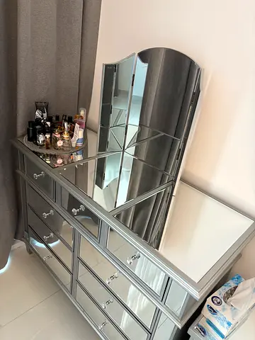 Large Mirrored Dresser with Arch Mirror - Silver Finish