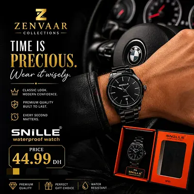 Snille Black Stainless Steel Mens Watch - Waterproof, Classic Design