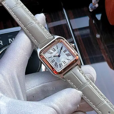 Cartier-style Ladies Square Rose Gold  Stainless Steel Watch with Cream Leather Strap