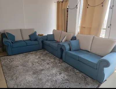 3 Matching 2-Seater Sofas – Blue  Beige – Good Condition