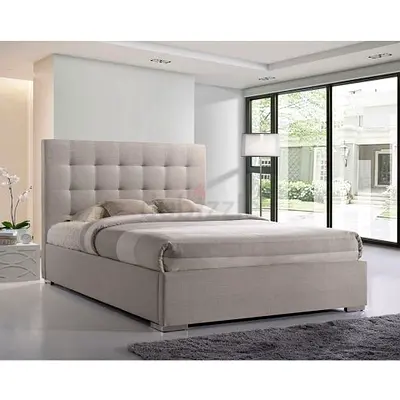 Upholstered Double Bed with Tufted Headboard - Light Grey