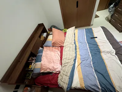 Double Bed with Headboard and Storage Shelves and Vanity piece- excellent Condition(no mattress)
