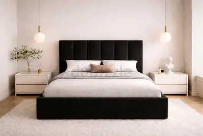 Brand New Queen fabric bed frame with padded headboard — good condition