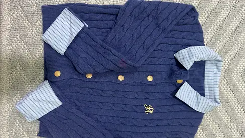 Navy cable-knit button-up cardigan with striped collar and cuffs size xs