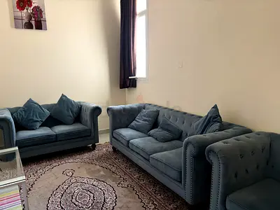 Blue Velvet Chesterfield Sofa Set - 3-seater + 2-seater + 1 seater , good condition