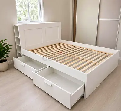 IKEA White BRIMNES Queen Storage Bed with IKEA Mattress 160 x 200 cm