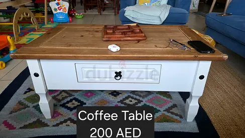 Solid Wood Coffee Table with Drawer - White Base, Natural Top