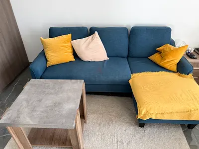 Blue 3-Seater L-Shaped Sofa with Ottoman and Cushions, sofa bed