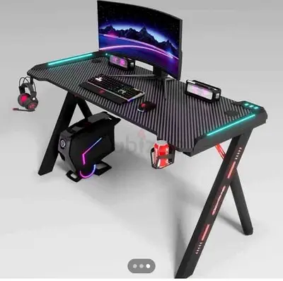 LED RGB Gaming Desk with Carbon Fiber Top and Headphone Hooks-Y-141-120