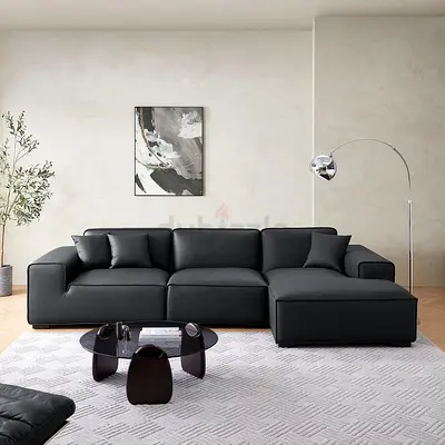 Modern L-shaped Black Leather Sofa