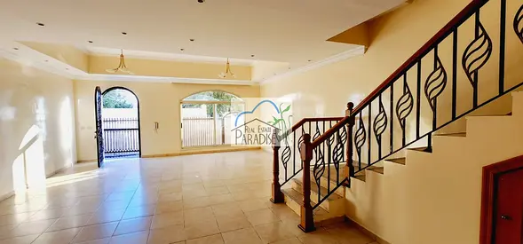 away from fly zone 3 bedrooms all master, tv lounge, pvt back yrd /fitted kitchen/shared swimming pool 2 covered parking/available for rent in mirdif