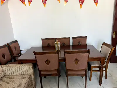 Solid Wood 8-Seater Dining Table with Upholstered Chairs