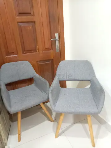 Pair of Grey Fabric Accent Chairs with Wooden Legs
