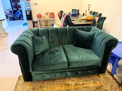 Green Velvet 7 (3 +2 +1+1 )Seater Sofa with Gold Legs immaculate condition