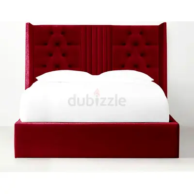 Red Velvet King Size Bed with Upholstered Headboard