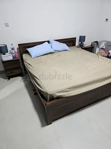 Wooden Double Bed with Headboard and Matching Nightstand