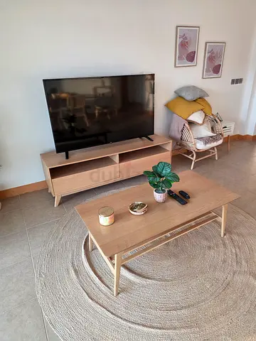 Light Wood TV Console with Coffee Table and Round Jute Rug - Set