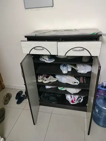 Compact Shoe Cabinet with Drawers - Dark Wood, 5 Shelves