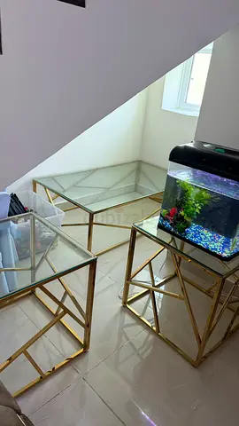 Set of 3 Gold Metal  Glass Nesting Side Tables / Coffee Table