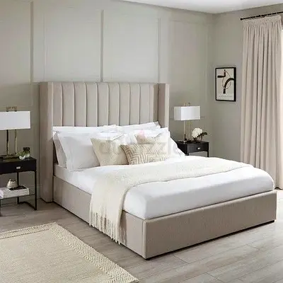 Beige Upholstered Double Bed Frame with Tall Channel Headboard