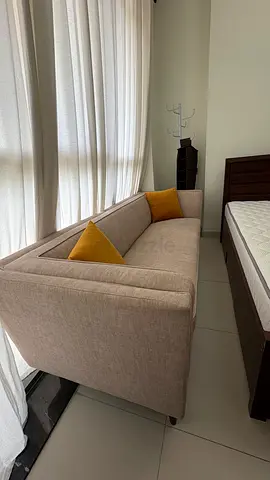 Beige 3-Seater Sofa with Mustard Cushions - very Good Condition