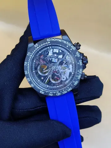 Rolex Skeleton Dial Mens Chronograph Master Copy Watch with Blue Rubber Strap