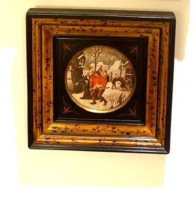 Antique wood Framed oil painted . Winter Scene Plaque — old Flemish master painter ( Breughel)