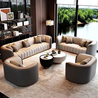 Modern Curved 3-2-1 Sofa Set in Grey Leatherette - Like New