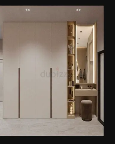 Built-in Wardrobe with Vanity and Open Shelves - Modern Beige Finish