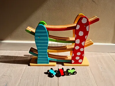 Wooden Car Ramp Racer Toy with 3 Push Cars - Colorful Toddler Track