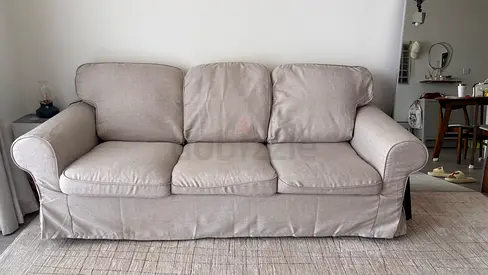 Beige 3-Seater Slipcovered Sofa — Comfortable, Good Condition