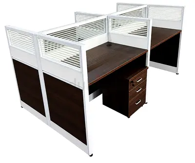 4-Seat Office Workstation Partition with Drawer Pedestal - Dark Wood Finish MAF-4124 WALNUT WHITE