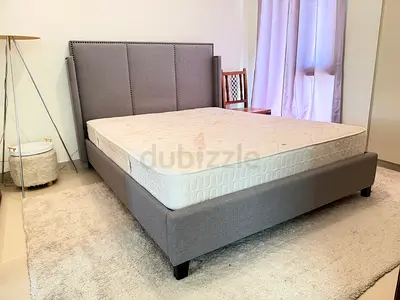 Beautiful Grey Studded Fabric Bed Frame with Headboard