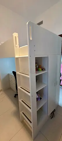 2 x IKEA loft bunk bed with built-in desk, shelving and cupboard